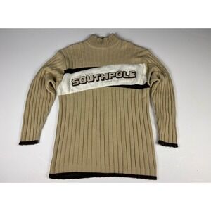 Vintage Southpole Logo Mens Beige Ribbed‎ Knit Long Sleeve Mock Neck Sweater